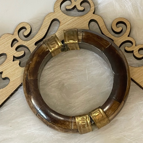 Indian Style Brass & Wood Bracelet. 3" x 1 1/4” wide. - Picture 2 of 6